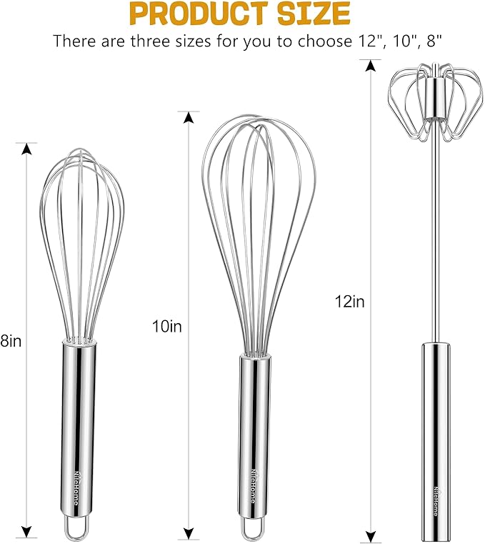 NileHome Stainless Steel Whisk Set 8" 10" Hand Blender + 12" Semi-Automatic Rotary Kitchen Whisk Kitchen Wisk Wire Whisks for Cooking, Whisking, Blending, Beating, Stirring- 3 Pack...
