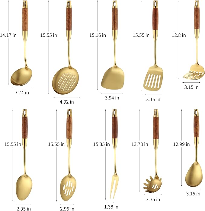 Stainless Steel Kitchen Utensils Set with Wood Handle, 18/10 Metal Cooking Utensils Set, 10-Piece - Spatula, Spoon, Ladle, Skimmer, Slotted Turners, Pasta Server, Fork, Masher(Dishwasher Safe)