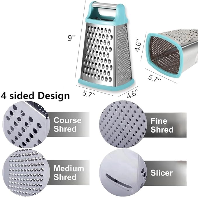 Multifunctional Stainless Steel Grater Slicer with Handle, Large 4 Sides Cutter for Ginger, Garlic, Cucumbers, Carrots, Cheese, Potato,Dishwasher Safe ( Mint)