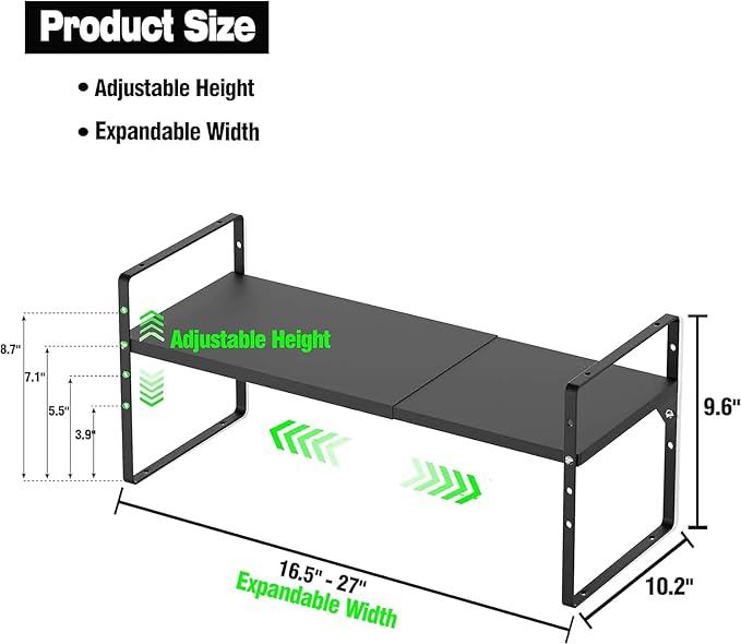Expandable Kitchen Cabinet Storage Shelf, Stackable Metal Pantry Storage Shelves Organizer, Adjustable Height Counter Spice Rack for Kitchen Cabinet (Black - 16.5"-27" L x 10.2" W x 9.6" H - 3Pack)