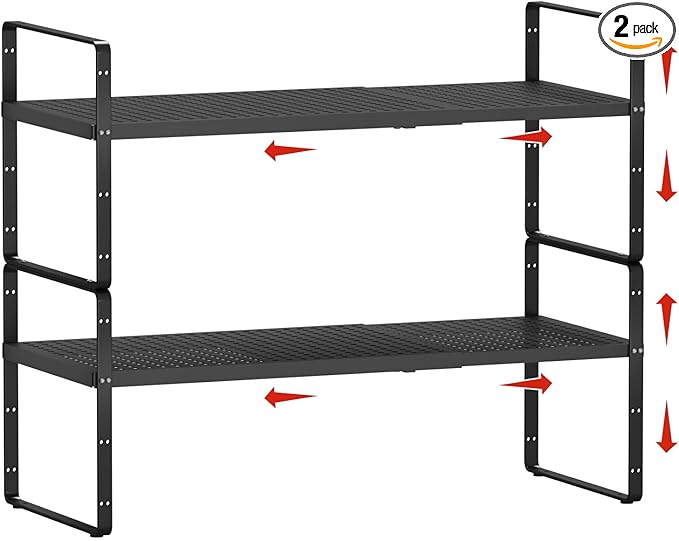 2Pack Expandable Cabinet Countertop Shelves 16.5-27’’L, Adjustable Metal Spice Rack Organizer, Stackable Kitchen Counter Storage Shelves Organizers for Cabinet Organization, Black