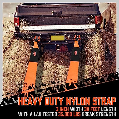 HORUSDY Nylon Heavy Duty Tow Strap Recovery Strap with Hooks 3" x 30Ft - 35,000 LBS Break Strength, 3/4 D Ring Shackles (2pcs), Recover Your Vehicle Stuck in Mud/Snow - style: 35,000 LBS Break Strength, 3/4 D Ring Shackles (2pcs)