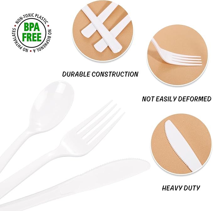 EI 360pcs White Plastic Silverware,Plastic Silverware Heavy Duty,Disposable Plastic Cutlery,Plastic Utensil Sets,Fancy Plastic Silverware include 120pcs Forks,120pcs Spoons and 120pcs Knives for Party