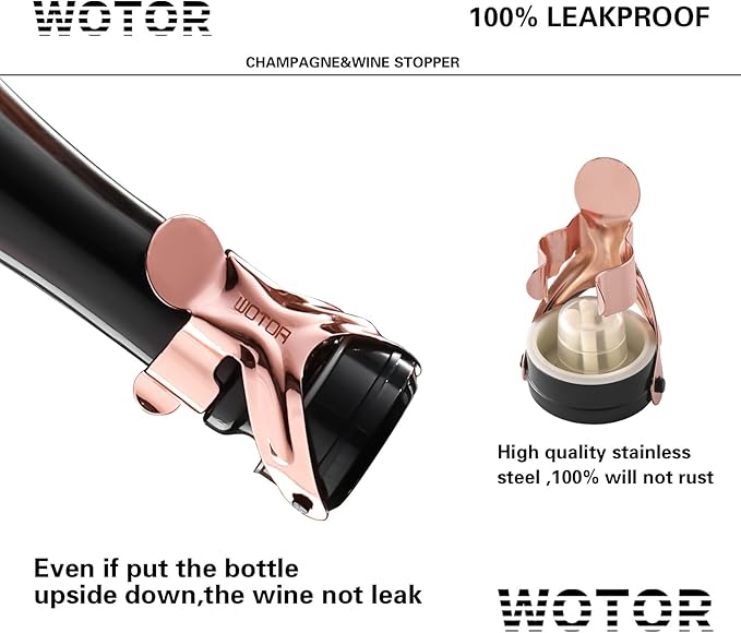 WOTOR Champagne&Wine Bottle Stoppers Stainless Steel with Food Grade Silicone, Leak Proof Keep Fresh Reusable Saver, Cork Suitable for Wine, Champagne, Cava, Prosecco and Sparkling (12 Pack Rosegold)