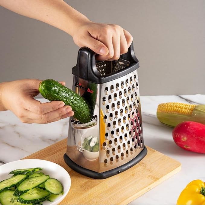 Multifunctional Stainless Steel Grater Slicer with Handle, Large 4 Sides Cutter for Ginger, Garlic, Cucumbers, Carrots, Cheese, Potato,Dishwasher Safe (Black)