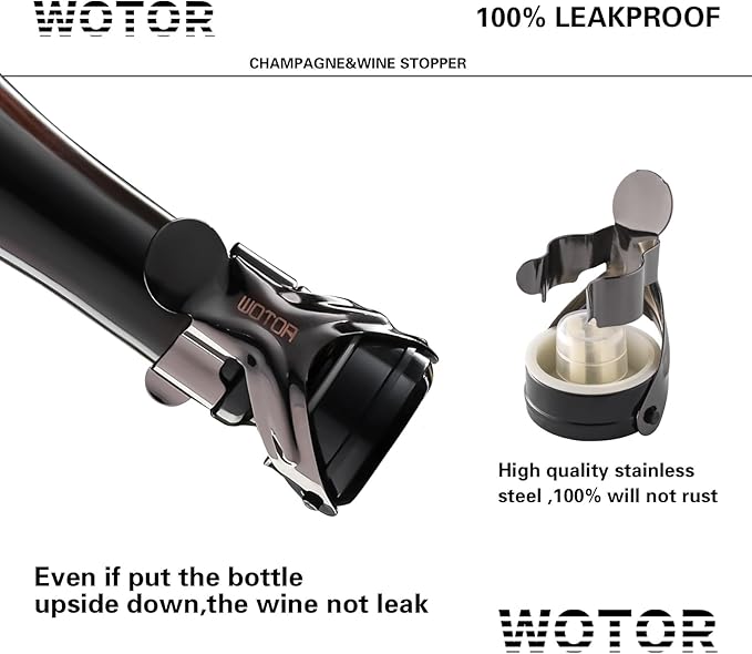 WOTOR Champagne&Wine Bottle Stoppers Stainless Steel with Food Grade Silicone, Leak Proof Keep Fresh Reusable Saver, Cork Suitable for Wine, Champagne, Cava, Prosecco and Sparkling (6 Pack Black)