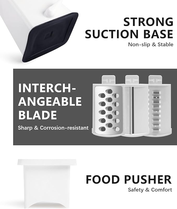 3-in-1 Rotary Cheese Grater Handheld, Lightweight Body with 3 Stainless Steel Blades & Non-Slip Suction Base, for Shredding Parmesan, Slicing Vegetables, Grating Chocolate(White)