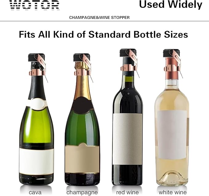 WOTOR Champagne&Wine Bottle Stoppers Stainless Steel with Food Grade Silicone, Leak Proof Keep Fresh Reusable Saver, Cork Suitable for Wine, Champagne, Cava, Prosecco and Sparkling (6 Pack Rosegold)