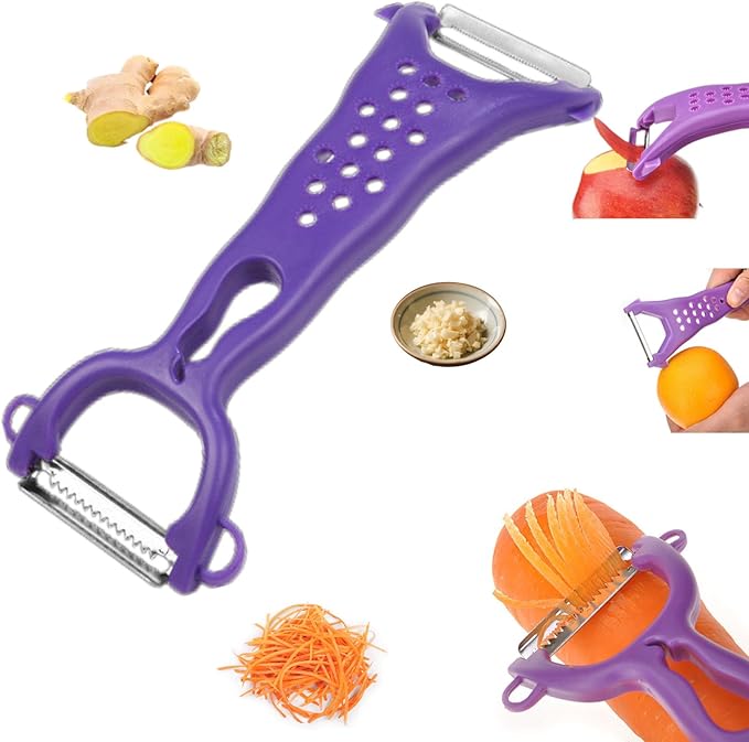 Multi Fruit Vegetable Peeler & Grater, Double Serrated Stainless Steel Blade(Peeler and Grater Function), Sharp Blade for Cucumbers,Carrot, Apples, Potato Eye Remover. Grinding of Garlic and Ginger