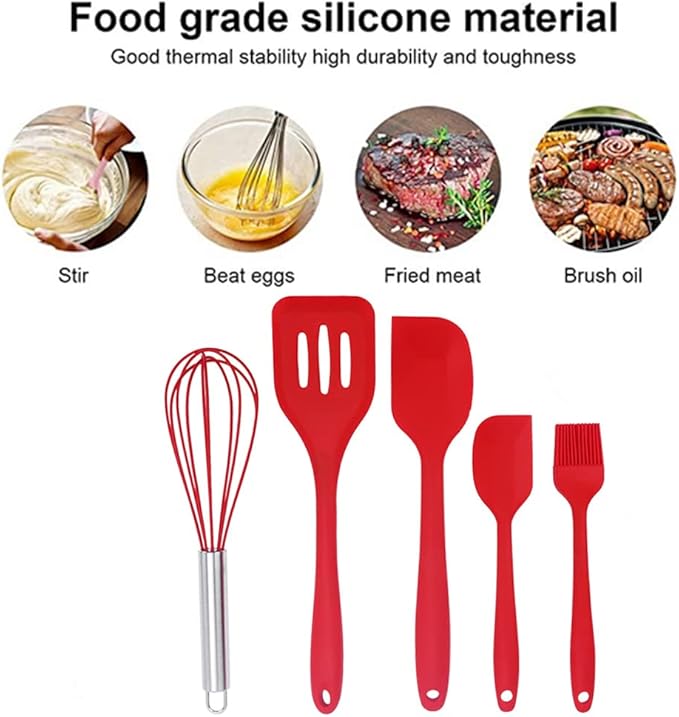 NatureMan 5 Pieces Non-Stick Food Silicone Kitchenware Utensils- Kids Cooking Sets - for Cooking Baking Mixing, Stirring-Ergonomic Dishwasher Safe(Red)