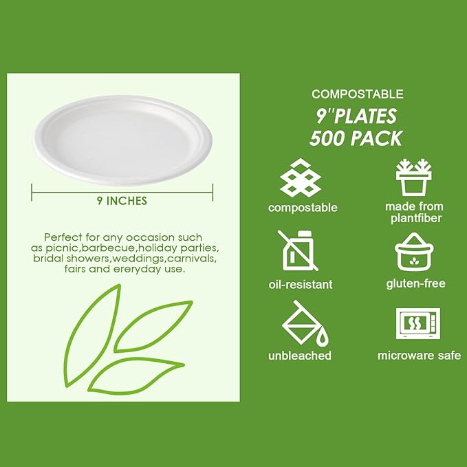 Vplus 500 Pack Paper Plates 9 inch 100% Compostable, Heavy-Duty Disposable Paper Plates Bagasse Natural Biodegradable Eco-Friendly Sugarcane(White)