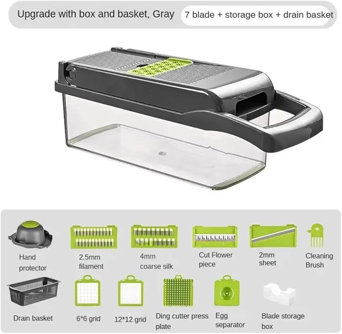 16-in-1 Ultimate Vegetable Chopper & Mandoline Slicer – Multi-Blade Food Dicer, Spiralizer, Grater & Cutter with Container – Kitchen Gadget for Fruits, Veggies, Cheese – Black & Green