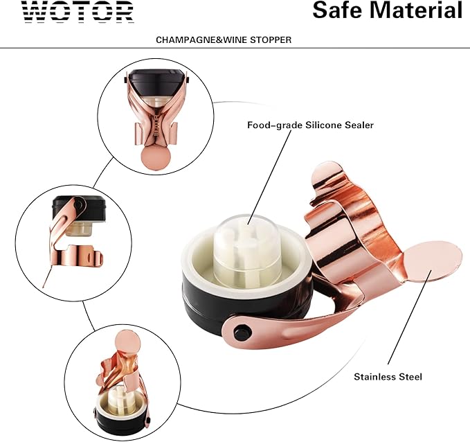 WOTOR Champagne&Wine Bottle Stoppers Stainless Steel with Food Grade Silicone, Leak Proof Keep Fresh Reusable Saver, Cork Suitable for Wine, Champagne, Cava, Prosecco and Sparkling (12 Pack Rosegold)