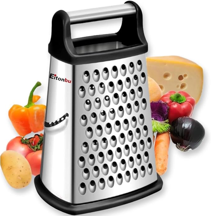 Multifunctional Stainless Steel Grater Slicer with Handle, Large 4 Sides Cutter for Ginger, Garlic, Cucumbers, Carrots, Cheese, Potato,Dishwasher Safe (Black)