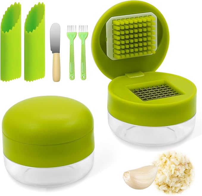 2 Pcs Garlic Press Stainless Steel,Mini Garlic Chopper,with Peeler,Cleaning Brush and Scrapers