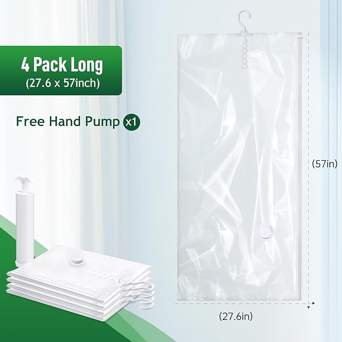 Hanging Vacuum Storage Bags For Clothes With Hand Pump,Coat Storage Bag Hanging,Vacuum Bags For Clothes,Space Saver Vacuum Storage Bags,Garment, Clothing, Dress, Suit, Long Coat, Jacket(Long 4 Pack)