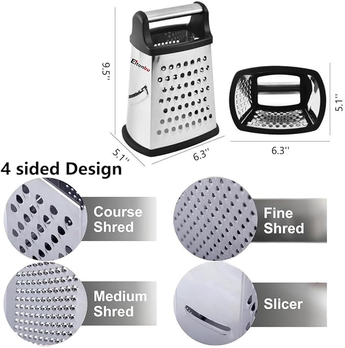 Multifunctional Stainless Steel Grater Slicer with Handle, Large 4 Sides Cutter for Ginger, Garlic, Cucumbers, Carrots, Cheese, Potato,Dishwasher Safe (Black)