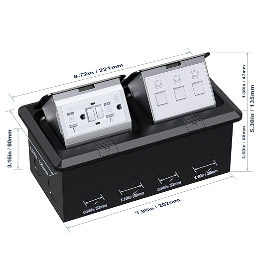 KYHSHJ Dual Pop-Up Floor Electrical Outlet Box Kit,20 Amp Stainless Steel GFCI TR Receptacle Outlet,3-Port RJ45 Datacom Receptacle, Black
