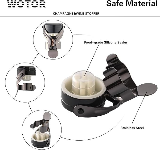 WOTOR Champagne&Wine Bottle Stoppers Stainless Steel with Food Grade Silicone, Leak Proof Keep Fresh Reusable Saver, Cork Suitable for Wine, Champagne, Cava, Prosecco and Sparkling (6 Pack Black)