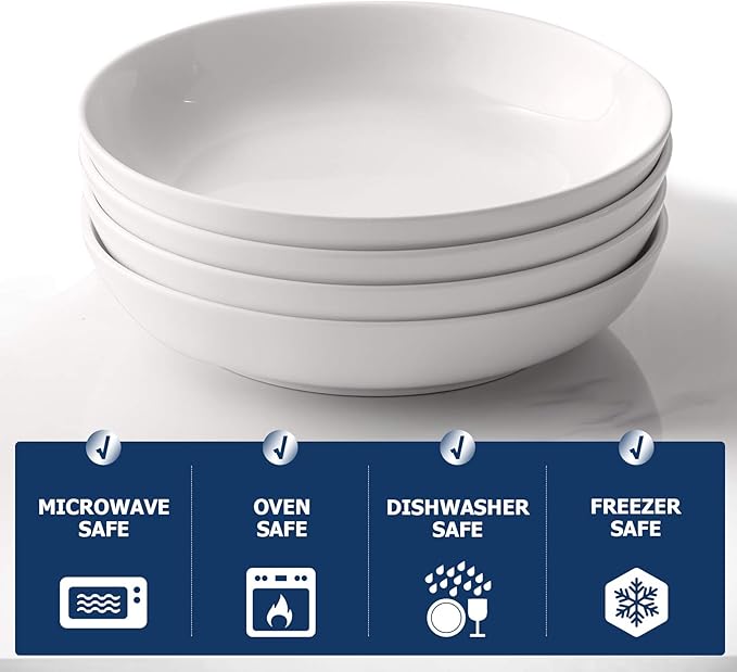 Y YHY Pasta Bowls 32oz, Ceramic Large Salad Serving Bowls, White Pasta Bowls Set, Shallow Soup Bowl Set of 4, Microwave & Dishwasher Safe