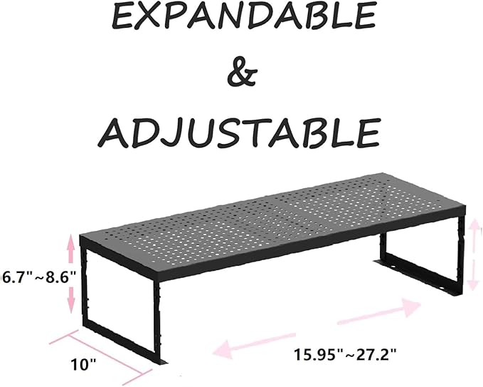Stackable Expandable Metal Shelf Organizer - Adjustable Wire Storage Rack with Holes for Kitchen, Bathroom, Cabinet, Office - Space Saving, Durable & Sturdy Design(2PACKS/Large/Black