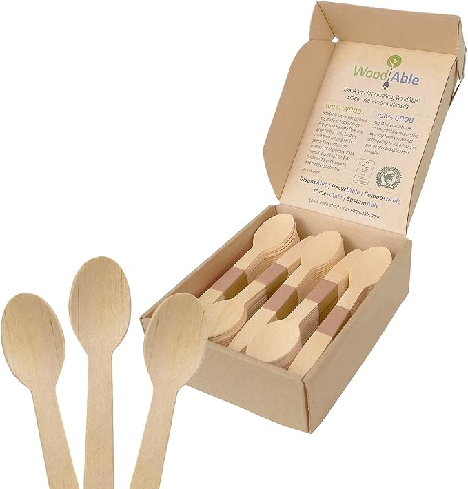Disposable Wooden Cutlery Set - 100% Home Compostable - 100 Spoons 6.5", Bamboo Utensils Alternative, Eco-Friendly, Organic, Sustainable and Carbon Neutral Certified