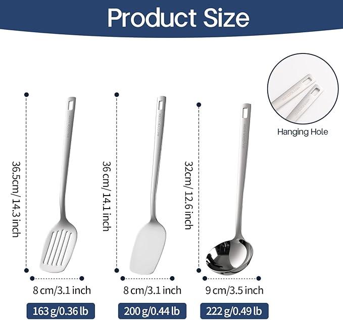 Wok Spatula Set, 18/8 Stainless Steel Kitchen Cooking Utensils Spoon set, 3 Pieces Spatula Set for Kitchen Cooking