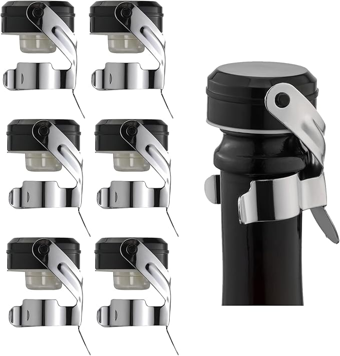 WOTOR Champagne&Wine Bottle Stoppers Stainless Steel with Food Grade Silicone, Leak Proof Keep Fresh Reusable Saver, Cork Suitable for Wine, Champagne, Cava, Prosecco and Sparkling (6 Pack Silver)