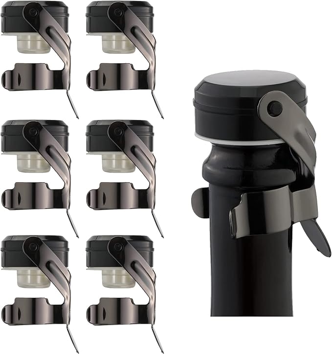 WOTOR Champagne&Wine Bottle Stoppers Stainless Steel with Food Grade Silicone, Leak Proof Keep Fresh Reusable Saver, Cork Suitable for Wine, Champagne, Cava, Prosecco and Sparkling (6 Pack Black)