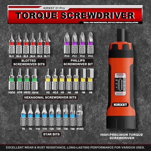 31 PCS 1/4" Drive Torque Screwdriver, 2-22 Inch Pounds Torque Screwdriver Set with S2 Bits and Socket Adapter for Maintenance, Screwdriver Set for Tools, Bike Repairing and Mounting - size: 2-22inch.S