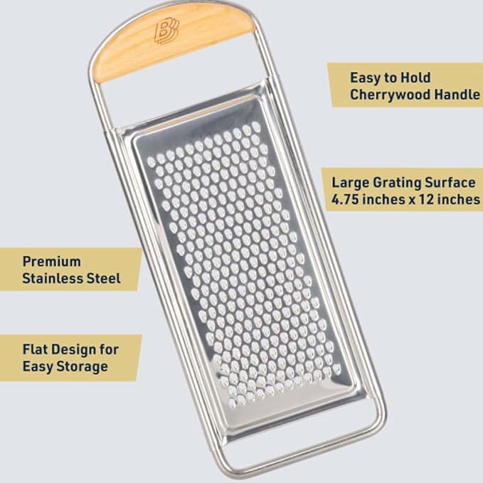 Cheese Grater Handheld - Stainless Steel Flat Food Grater with Cherrywood Handle - Fine Shredder Kitchen for Hard Cheese, Spices, and Zesting - Italian Made Kitchen Gadgets by Kings County Tools