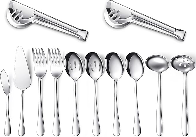 Patelai Serving Utensils Set Include Stainless Steel Large Spoons Slotted Spoons Forks Tongs Soup Ladle and Pie Server for Parties Buffet Catering, Dishwasher Safe(Silver,12 Pieces)