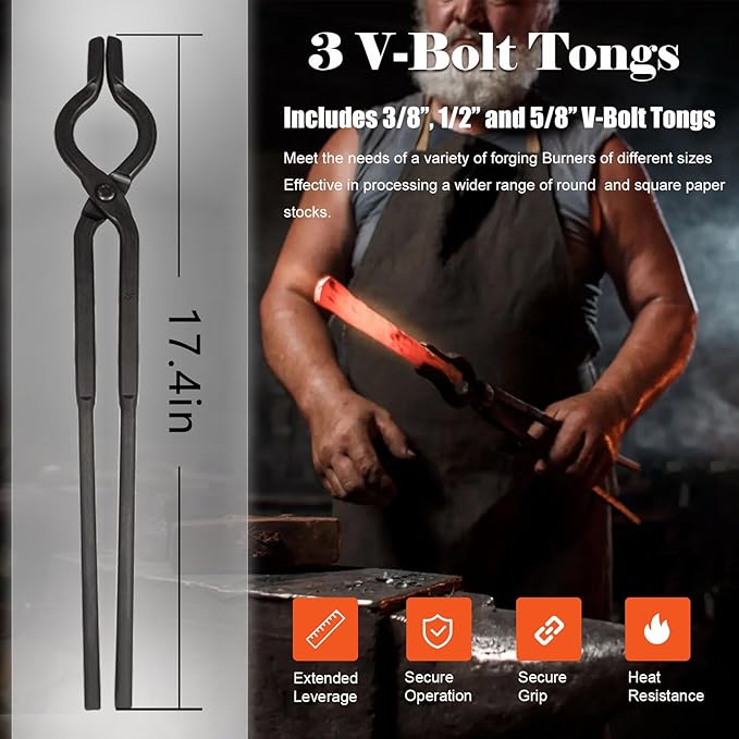 Beginner blacksmith tongs Blacksmith Forge Tong Tools Set Includes 1/4 Flat Jaw, Pick Up, Scroll, 3/8 1/2 5/8 V-Bit Tongs (6 Piece)