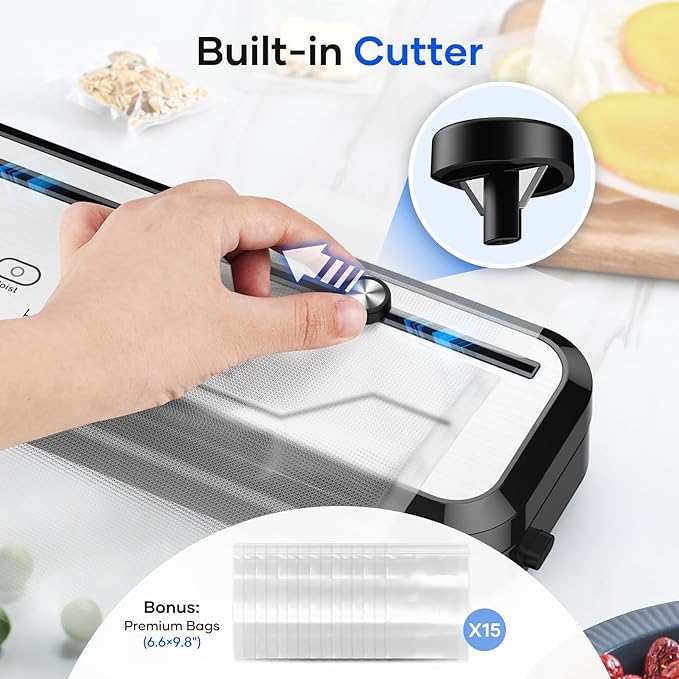 KOIOS Vacuum Sealer Machine with Starter Kit, One-Touch Operation | Built-in Cutter | Dry & Moist Modes | Compact Design | Vacuum Sealer for Food Preservation, Freezer Storage & Meal Prep