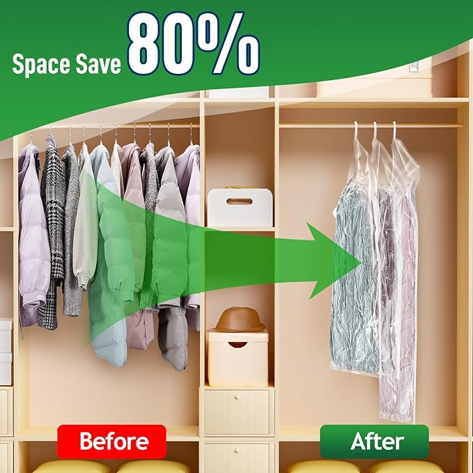 Hanging Vacuum Storage Bags For Clothes With Hand Pump,Coat Storage Bag Hanging,Vacuum Bags For Clothes,Space Saver Vacuum Storage Bags,Garment, Clothing, Dress, Suit, Long Coat, Jacket(Long 4 Pack)