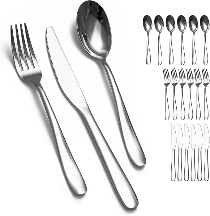 Stainless Steel 18PCS Dinner Set combo with 6 Dinner Knives, 6 Dinner Forks, 6 Dinner Spoons,Silverware Set for Home, Kitchen and Restaurant, Mirror Polished& Dishwasher Safe