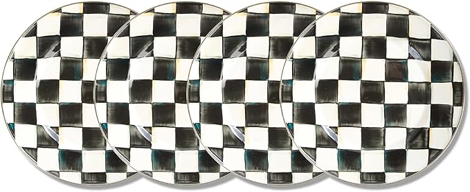MACKENZIE-CHILDS Enamel Dinner Plate, Decorative Dinnerware Plate, 10 Inches, Set of 4, Black-and-White Courtly Check