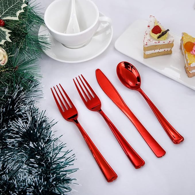 NOCCUR 180PCS Red Plastic Silverware Set - Red Flatware Set Heavy Duty - Include 60 Forks, 60 Spoons, 60 Knives - Ideal for Christmas Party