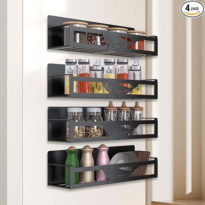 Magnetic Spice Rack for Refrigerator, 4-Pack Metal Seasoning Organizer for Kitchen Storage Organization, Magnetic Shelf for Fridge Space Saving Spice Organizer, Black