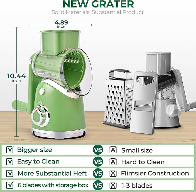 SUSTEAS Rotary Cheese Grater with Handle,Vegetable Slicer with 6 Interchangeable Blades, Reinforced Suction,Easy to Clean,Kitchen Chopper for Crushed Ice,Fruits and Nuts with Blade Storage Case,Green