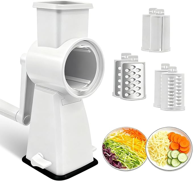 3-in-1 Rotary Cheese Grater Handheld, Lightweight Body with 3 Stainless Steel Blades & Non-Slip Suction Base, for Shredding Parmesan, Slicing Vegetables, Grating Chocolate(White)