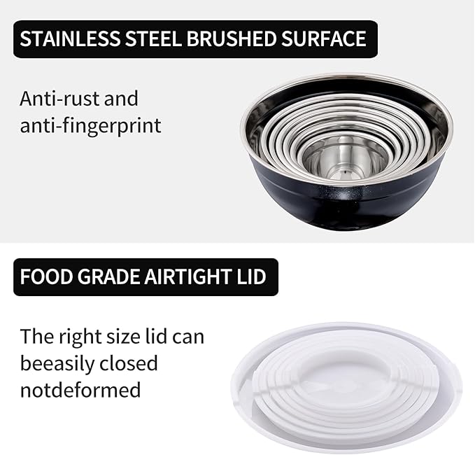 Black Mixing Bowls with Lids Set of 7, Stainless Steel Nesting Bowl with Khaki Lid for Non-slip Mixing Prepping Storing Serving, 7 Sizes-7/3.6/2.7/2.1/1.5/1/0.8 QT