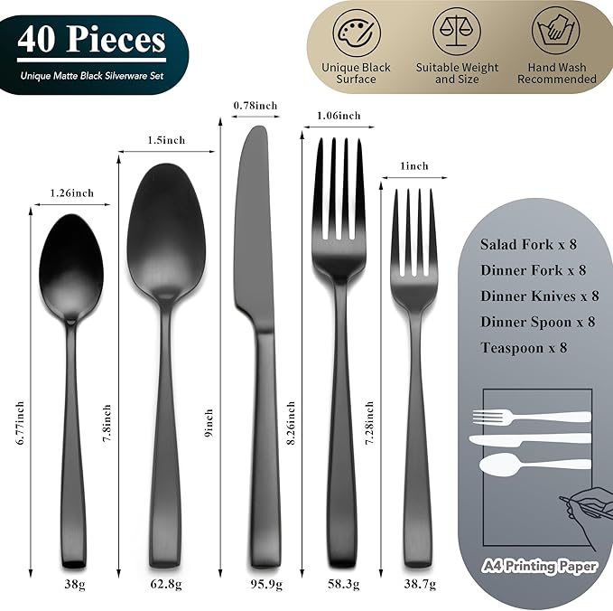 Matte Black Silverware Set, EIUBUIE 40-Piece Premium Stainless Steel Black Cutlery Set for 8, Matte Flatware Sets, Kitchen Utensils Sets Include Forks Spoons Knives