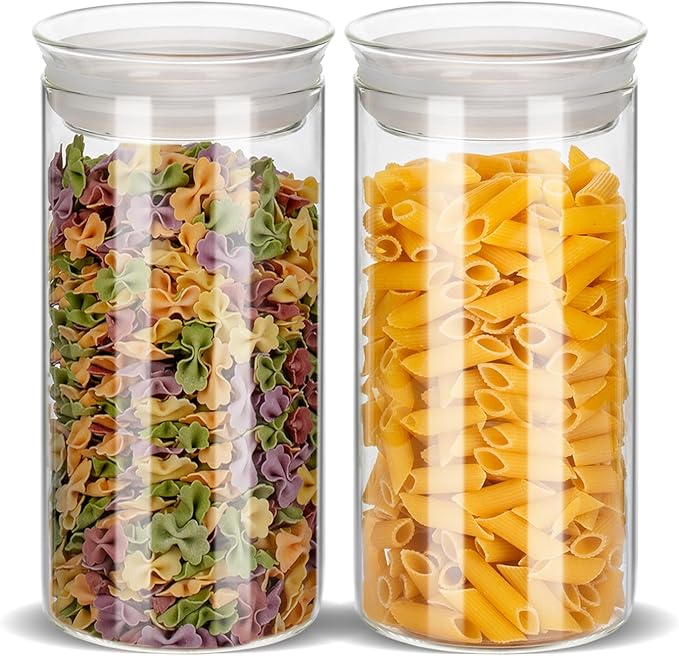ZENS Modern Glass Food Storage Jars Set of 2, 50oz Clear Glass Canisters with Airtight Lids, Large Container for Kitchen Pantry Pasta, Sugar, Flour, Coffee, Pasta, Tea