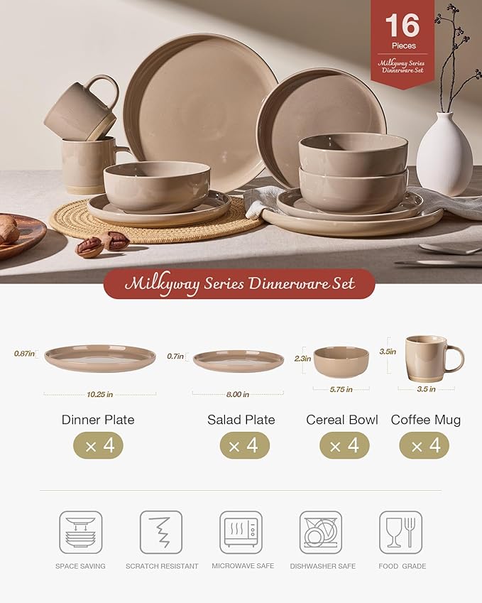 Famiware Milkyway Dinnerware Set with Mugs, Service for 4 (16pcs), Ribbed Stoneware Plates and Bowls Dishes Sets - Chip & Scratch Resistant, Microwave & Dishwasher Safe, Cinnamon Brown