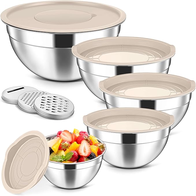 Herogo 5-Piece Mixing Bowls with Lids, 3 Grater Attachments, Stainless Steel Salad Bowls for Kitchen, Size 4.6, 3.5, 2.5, 2, 1.5QT Ideal for Baking, Prepping, Mixing and Serving, Khaki
