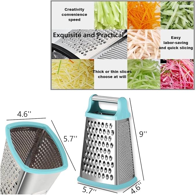 Stainless Steel 4 Sides Grater Slicer with Handle, Multifunctional Cutter Planing for Ginger, Garlic, Cucumbers, Carrots, Cheese, Potato, Ergonomic Design Kitchen Gadgets Accessories(Mint)