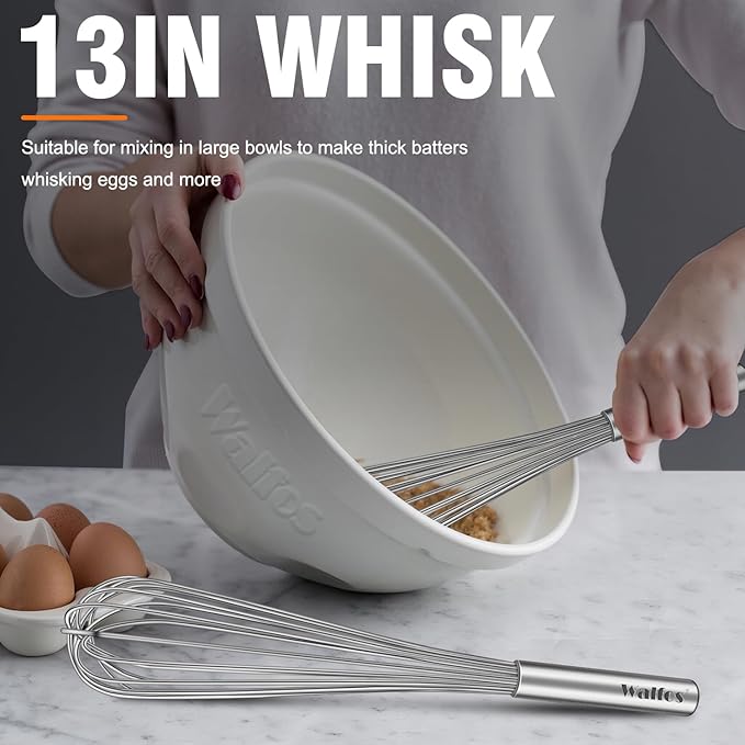 Walfos Whisks Large Whisk Set of 2, Heavy Duty Stainless Steel Wire Whisk Ideal For Beating Eggs, Mixing Batter & Blending Sauces.(13in+17in)