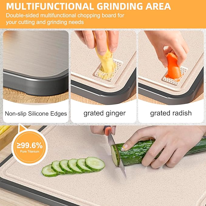 Titanium Cutting Board for Kitchen,Suitable for Handling Meat and Vegetables,Cutting Board Double Sided Food Grade,Pure Titanium and Wheat Straw PP,Dishwasher Safe, Easy to Clean, 15.08 * 10.35 Inches