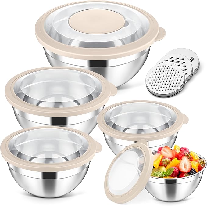 Herogo 5-Piece Mixing Bowls with Airtight Clear Lids, 3 Grater Attachments, Stainless Steel Salad Bowls for Kitchen, Size 4.6, 3.5, 2.5, 2, 1.5QT Ideal for Baking, Prepping and Serving, Khaki